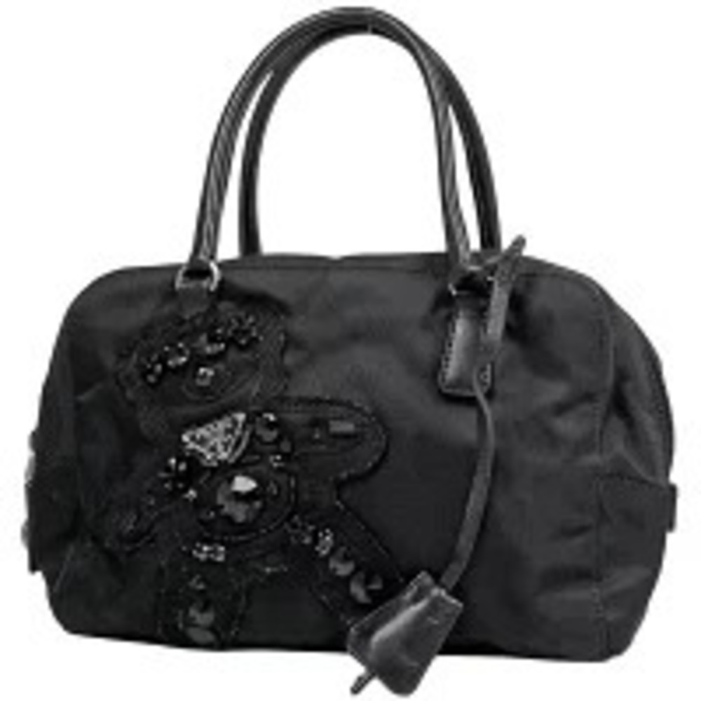 Prada Plate Handbag Boston Bear Motif Bead Embroidery Tote Bag Nero Black